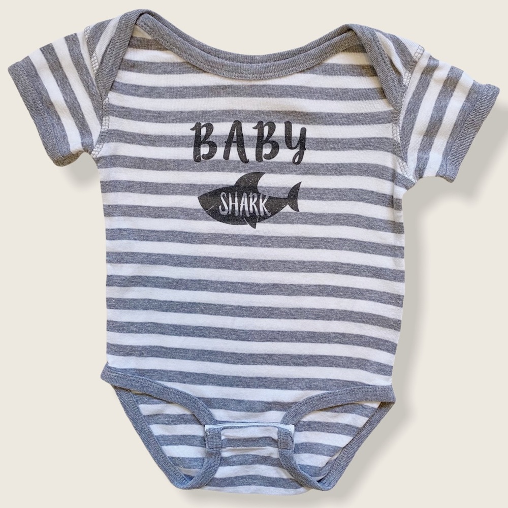 Baby Shark 12M Gray & White Striped Organic Cotton Onesie